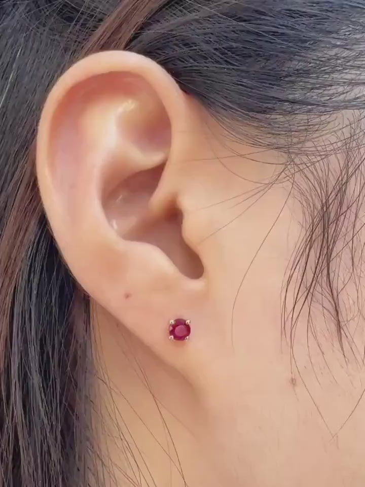 Genuine Ruby Solitaire Stud Earrings, 4mm Round Cut, 14k Yellow Gold, July Birthstone Gift