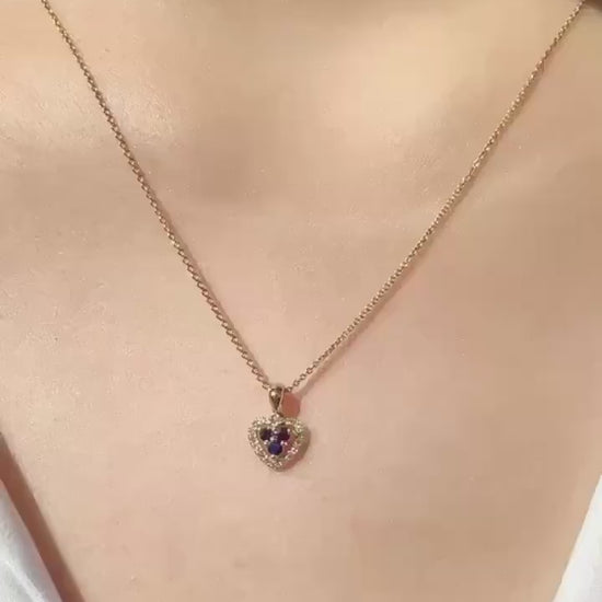 Genuine Sapphire and Diamond Dainty Heart Halo Pendant, 14k Solid Yellow Gold, September Birthstone, Gift for Her