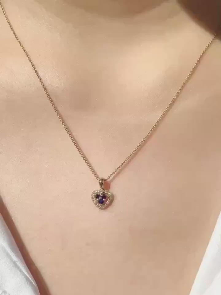 Genuine Sapphire and Diamond Dainty Heart Halo Pendant, 14k Solid Yellow Gold, September Birthstone, Gift for Her