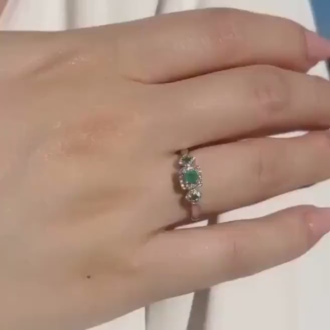 Genuine Emerald and Diamond Ring in 14k Solid White Gold