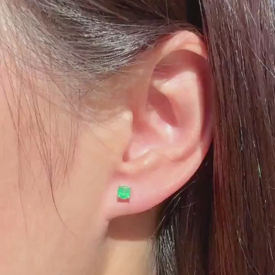 14k Solid Gold Round Cut 4mm Emerald Stud Earrings, May Birthstone Gift