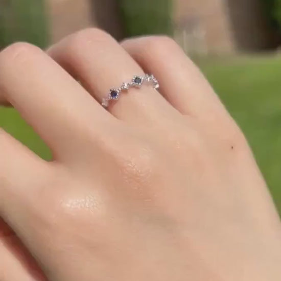 Genuine Sapphire and Diamond Alternating Row Ring, 14k Solid White Gold, September Birthstone