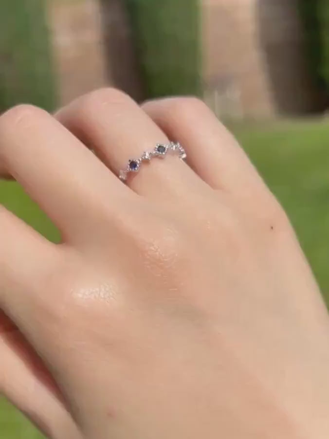Genuine Sapphire and Diamond Alternating Row Ring, 14k Solid White Gold, September Birthstone
