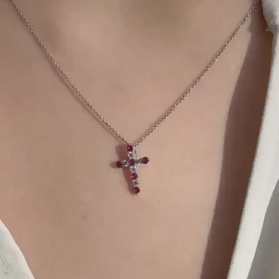 Genuine Ruby and Diamond Cross Pendant in 14k Solid Gold