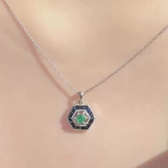 Genuine Emerald and Sapphire Hexagonal Pendant | 18k Solid White Gold