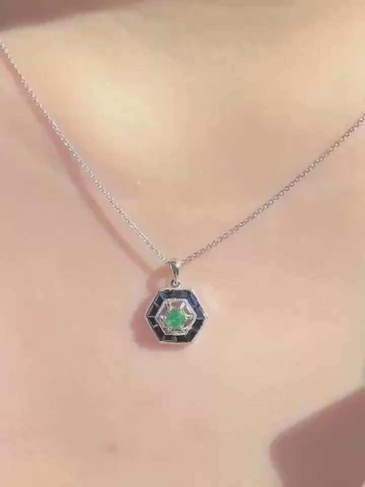 Genuine Emerald and Sapphire Hexagonal Pendant | 18k Solid White Gold