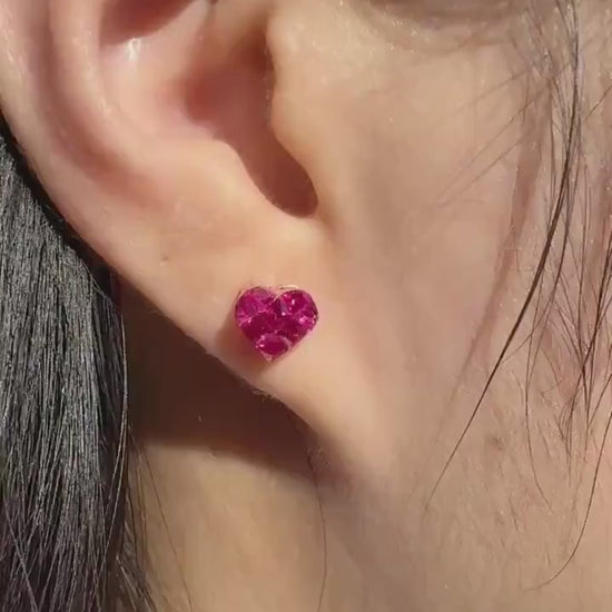 Genuine Ruby Pavé Heart Stud Earrings, 14k White or Rose Gold, July Birthstone, Gift for Her