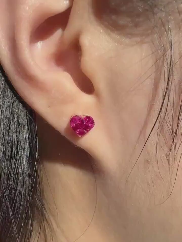 Genuine Ruby Pavé Heart Stud Earrings, 14k White or Rose Gold, July Birthstone, Gift for Her