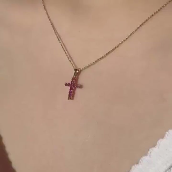 Genuine Ruby Cross Pendant, Medium, 14k Solid Gold, July Birthstone, Gift for Her