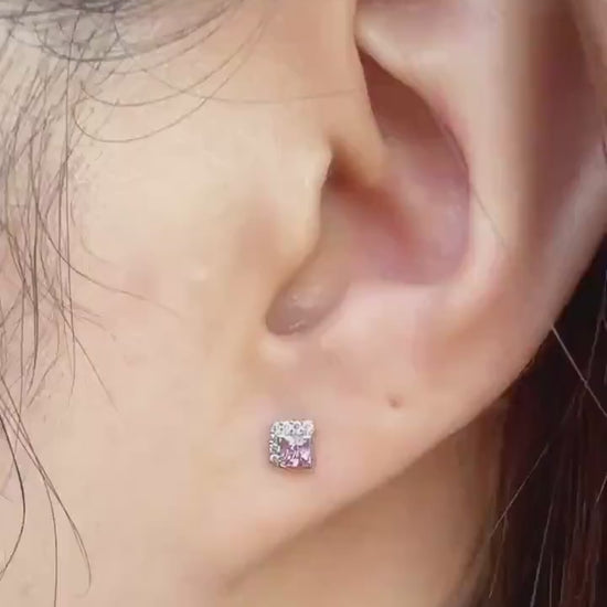 Genuine Pink Sapphire and Diamond Stud Earrings in 18k Solid White Gold