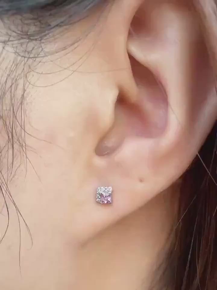 Genuine Pink Sapphire and Diamond Stud Earrings in 18k Solid White Gold