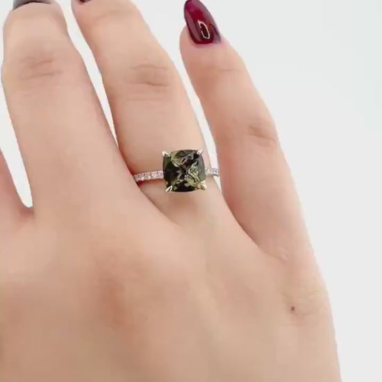 Genuine Green Tourmaline and Diamond Cushion Cut Ring in 18k Solid White Gold