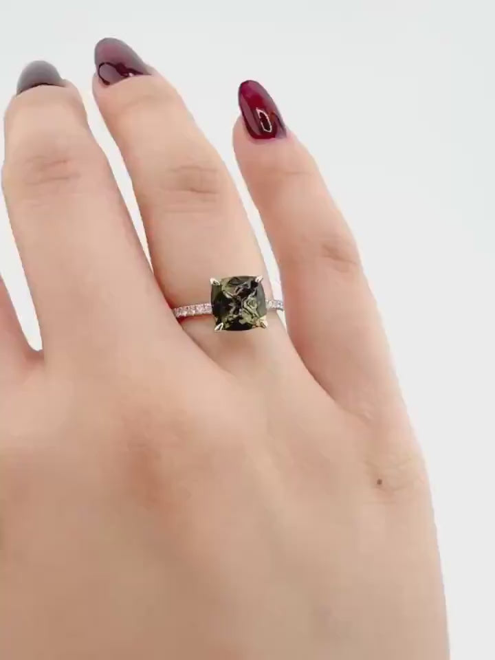 Genuine Green Tourmaline and Diamond Cushion Cut Ring in 18k Solid White Gold
