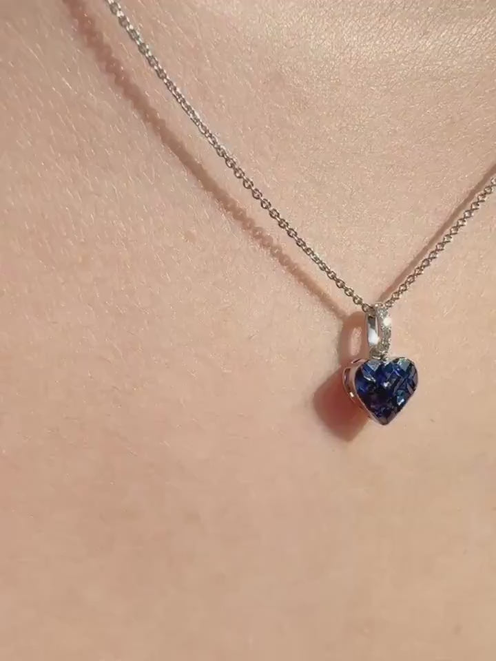 Genuine Sapphire Diamond Pavé Heart Pendant, 14k Solid Gold, September Birthstone, Gift for Her