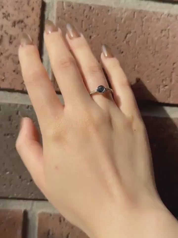 Genuine Sapphire Bezel Ring with Diamond Accents, 14k Solid White Gold, September Birthstone Gift