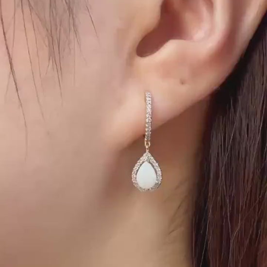 18k Solid Yellow Gold Teardrop Opal Diamond Halo Huggie Hoops, October Birthstone Earrings