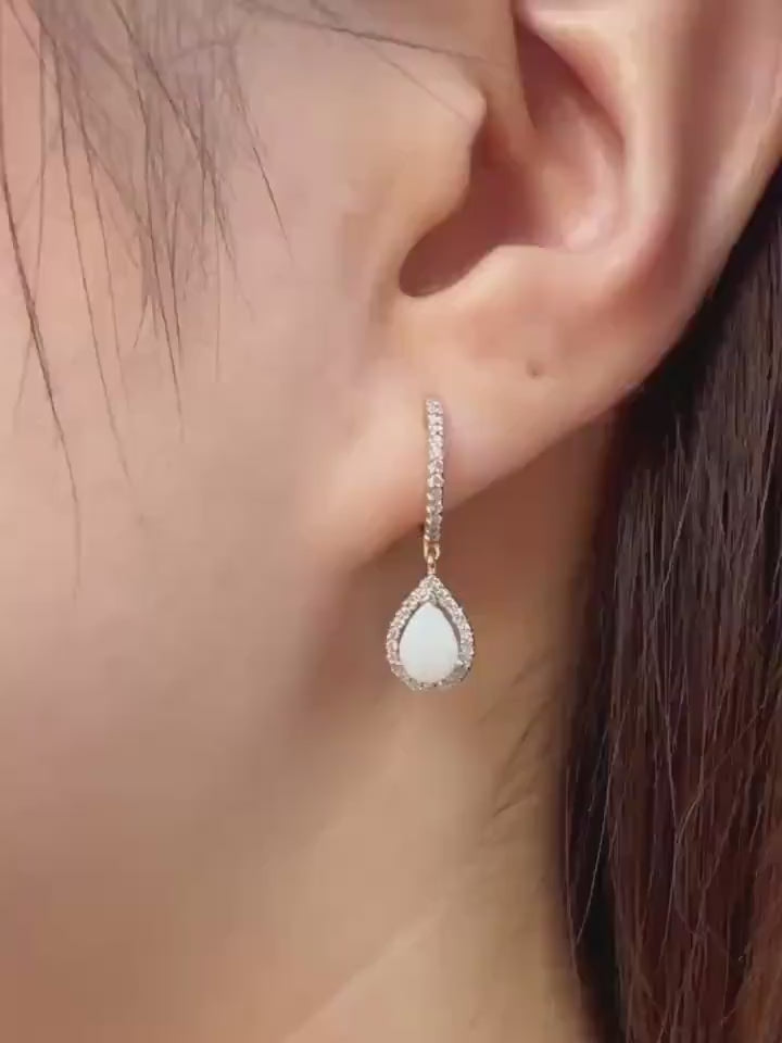18k Solid Yellow Gold Teardrop Opal Diamond Halo Huggie Hoops, October Birthstone Earrings