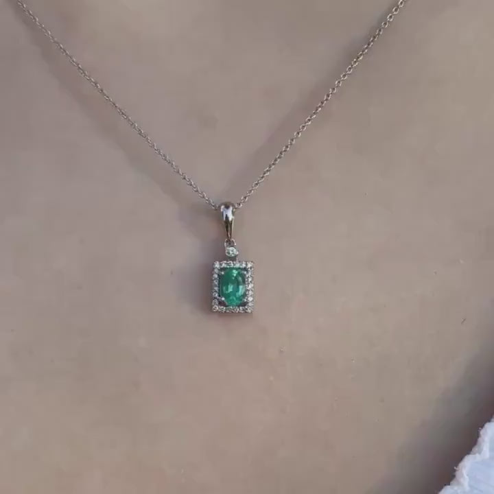 Genuine Oval Cut Emerald and Diamond Prism Pendant / 14k Solid Gold