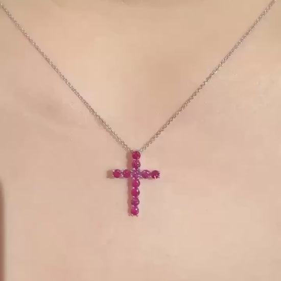 Genuine Ruby Cross Pendant in 18k Solid Gold