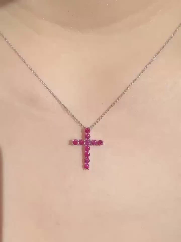 Genuine Ruby Cross Pendant in 18k Solid Gold