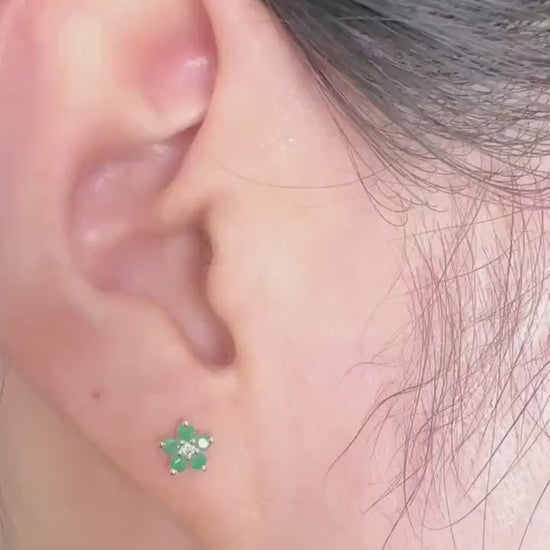 Genuine Emerald and Diamond Flower Stud Earrings / 14k Solid Gold