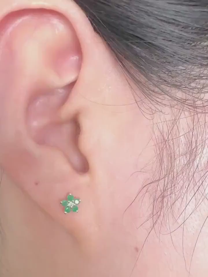 Genuine Emerald and Diamond Flower Stud Earrings / 14k Solid Gold