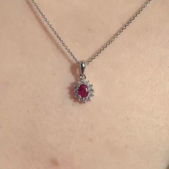 Genuine Oval Ruby and Diamond Solaris Halo Pendant in 18k Solid Gold
