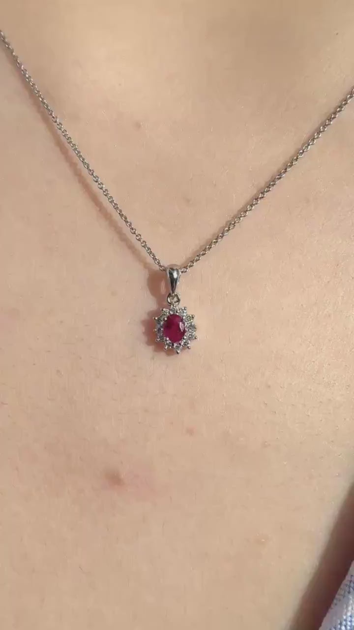 Genuine Oval Ruby and Diamond Solaris Halo Pendant in 18k Solid Gold