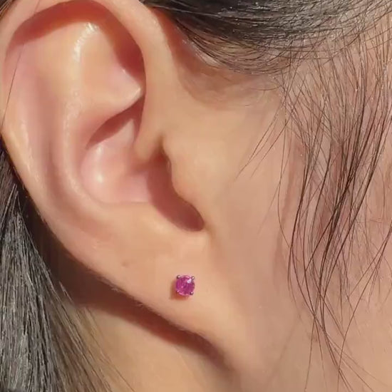 Genuine Ruby 3.3 mm Round Cut Stud Earrings / 14k Solid Gold