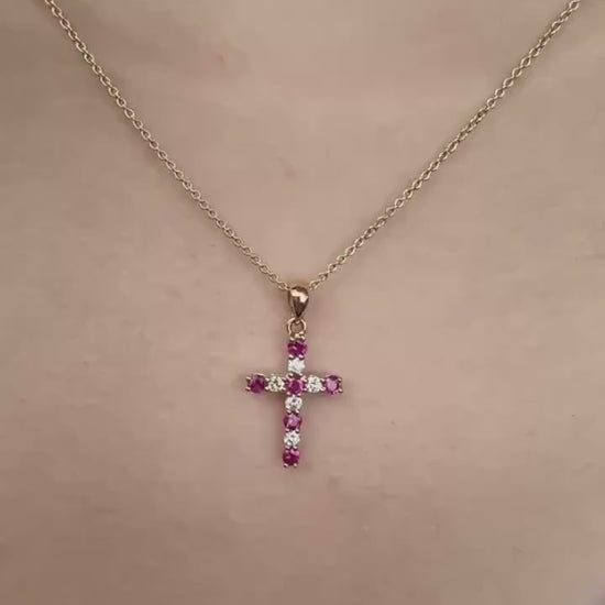 Genuine Ruby and Diamond Cross Pendant | 14k Solid Gold
