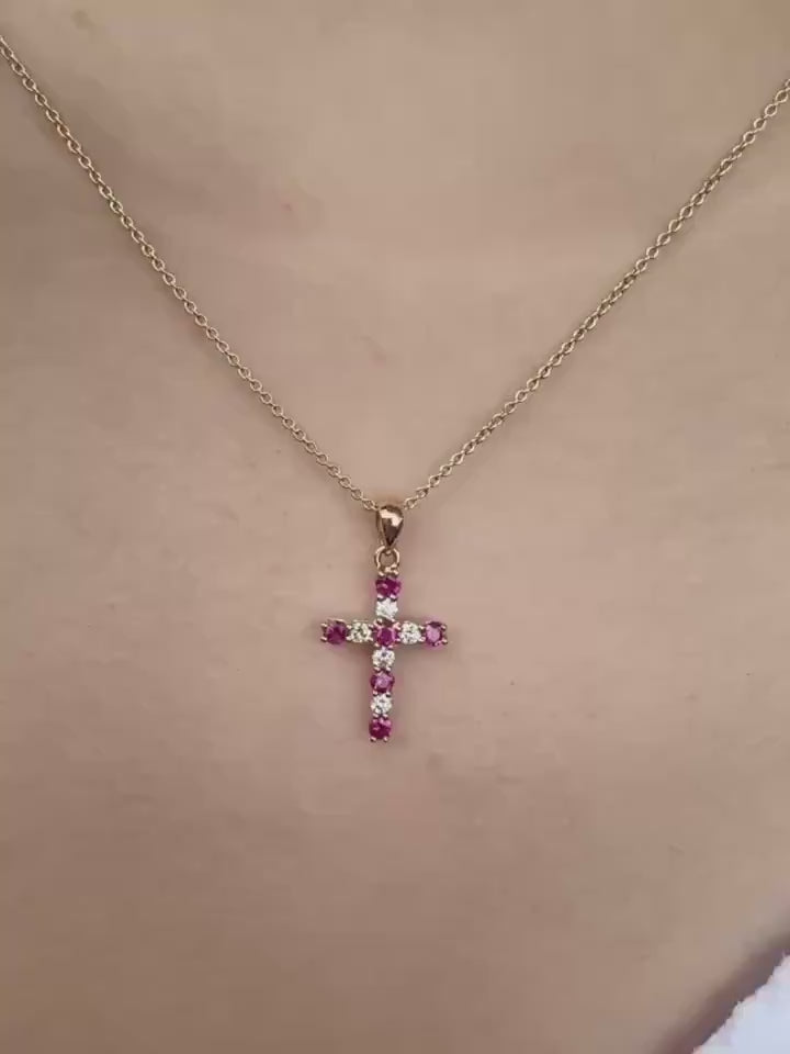 Genuine Ruby and Diamond Cross Pendant | 14k Solid Gold