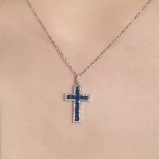 Genuine Sapphire and Diamond Tapered Cross Pendant | 14k Solid Gold