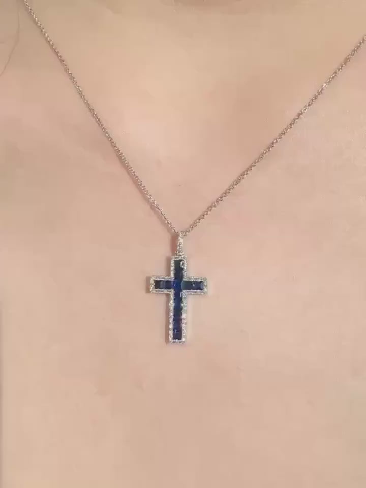 Genuine Sapphire and Diamond Tapered Cross Pendant | 14k Solid Gold