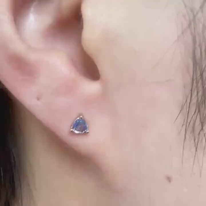 Genuine Ceylon Sapphire Trillion Cut Stud Earrings, 14k Solid Yellow Gold, September Birthstone Gift