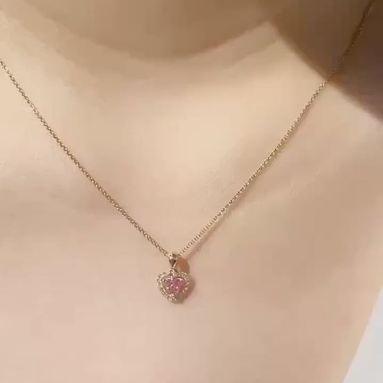 14k Gold Heart Pendant, Pink Sapphire & Diamond Halo, September Birthstone Gift