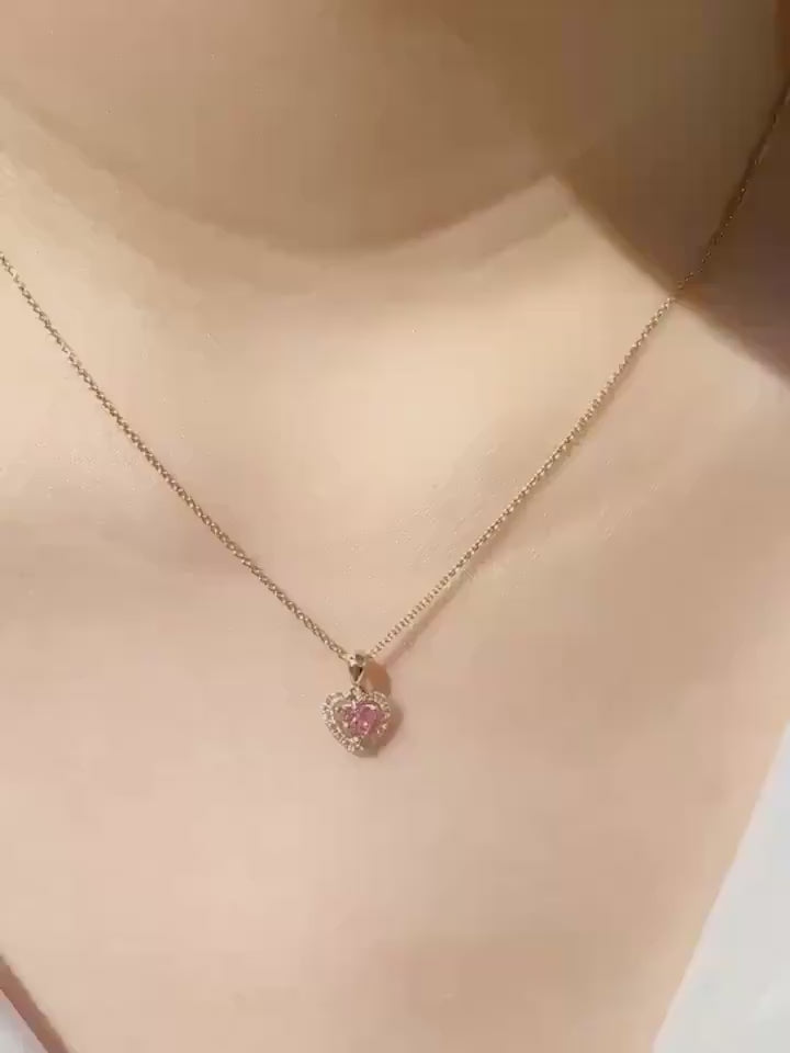 14k Gold Heart Pendant, Pink Sapphire & Diamond Halo, September Birthstone Gift