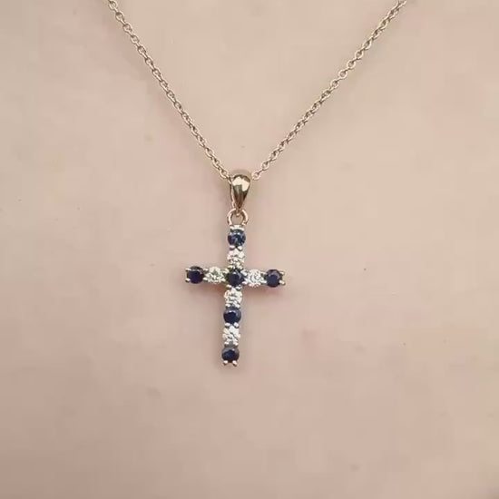 14k White Gold Sapphire Diamond Cross Pendant, September Birthstone Jewelry