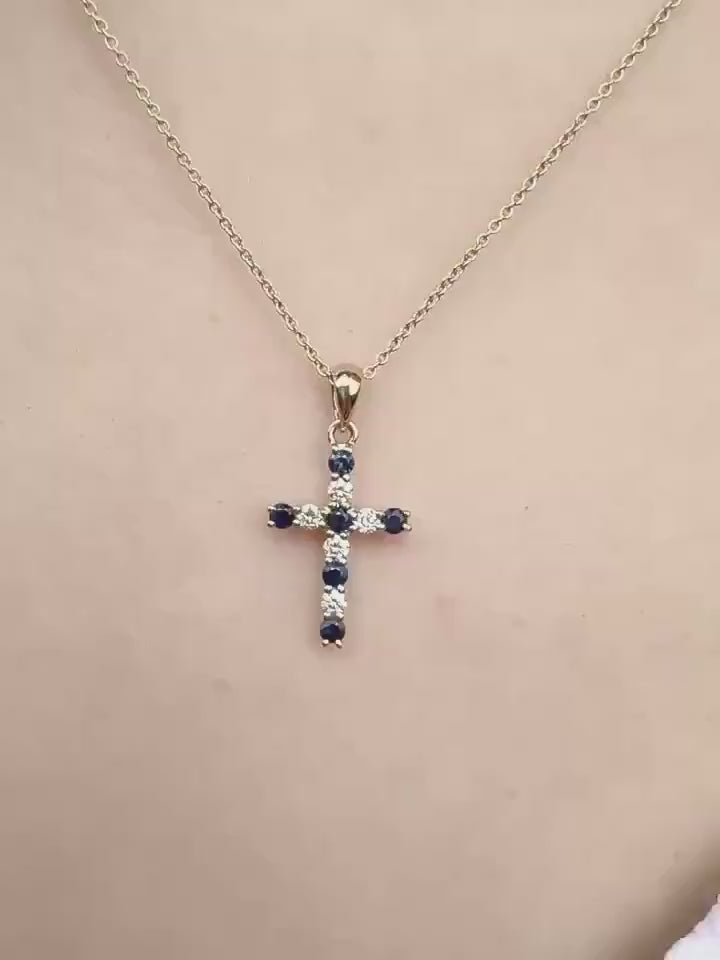 14k White Gold Sapphire Diamond Cross Pendant, September Birthstone Jewelry