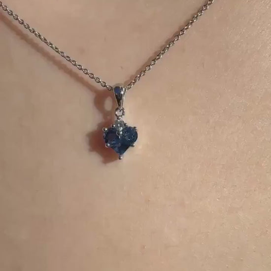 Genuine Sapphire and Diamond Heart Pendant, 14k Solid Gold, September Birthstone, Gift for Her