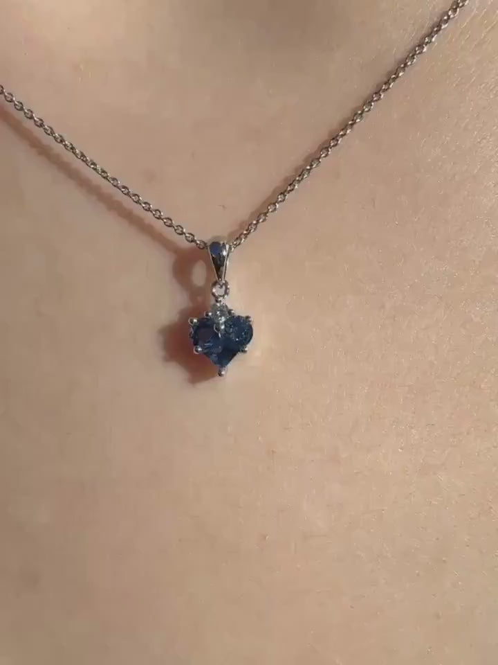Genuine Sapphire and Diamond Heart Pendant, 14k Solid Gold, September Birthstone, Gift for Her