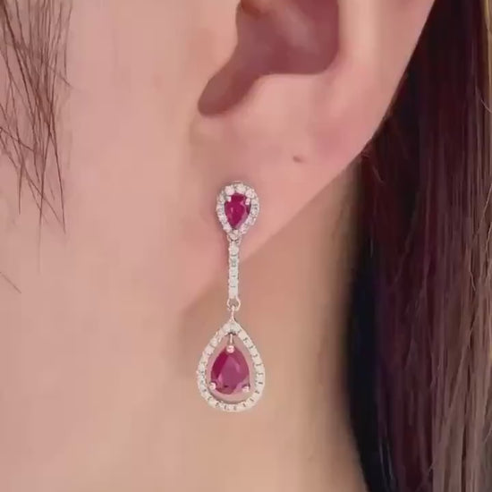 Genuine Teardrop Ruby and Diamond Dangle Earrings, 14k Solid White Gold, July Birthstone, Gift for Her