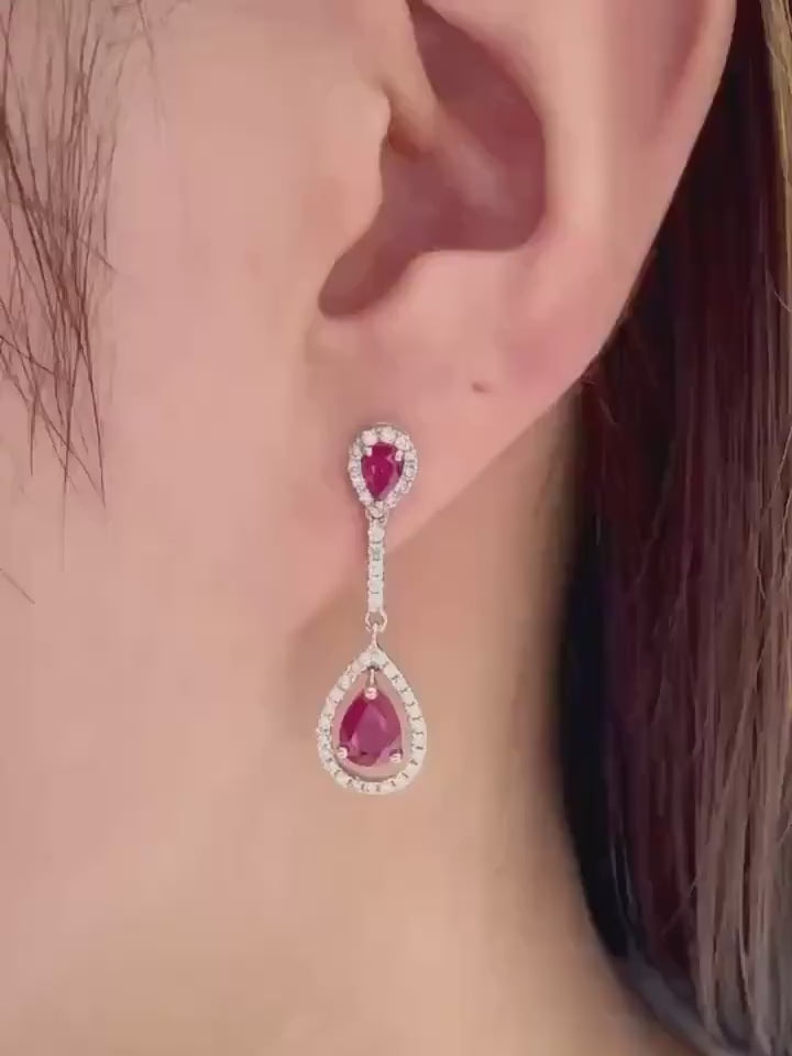 Genuine Teardrop Ruby and Diamond Dangle Earrings, 14k Solid White Gold, July Birthstone, Gift for Her