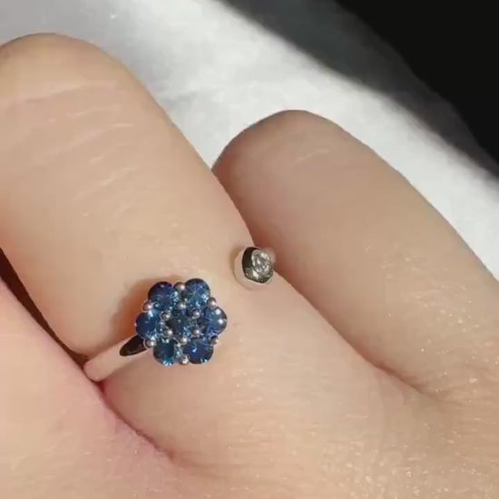 14k White Gold Sapphire Diamond Flower Ring, September Birthstone, Handcrafted Jewelry