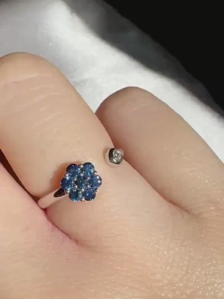 14k White Gold Sapphire Diamond Flower Ring, September Birthstone, Handcrafted Jewelry
