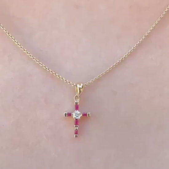 Genuine Ruby Diamond Baguette Cross Pendant (Mini) | 14k Solid Gold
