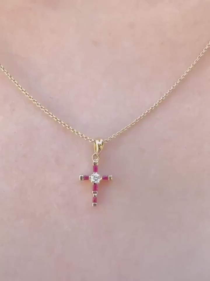 Genuine Ruby Diamond Baguette Cross Pendant (Mini) | 14k Solid Gold