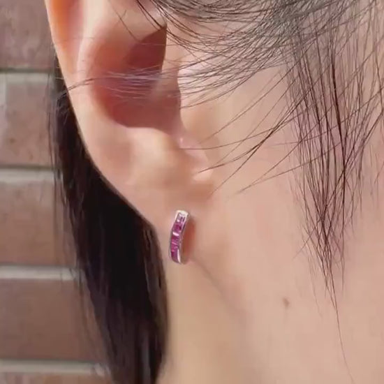 Genuine Ruby Pavé Half Hoop Earrings in 14k Solid Gold