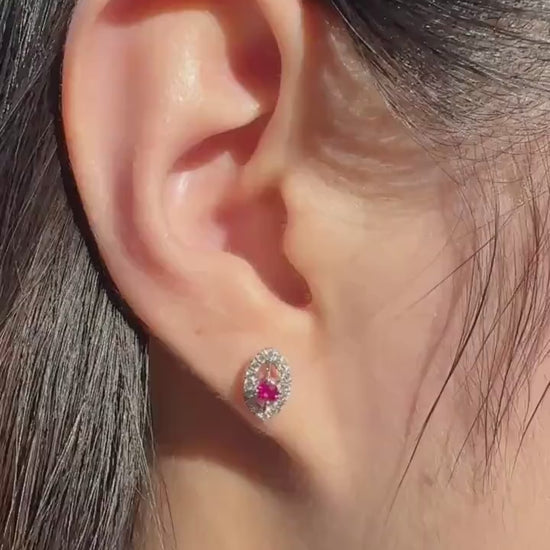 14k White Gold Ruby Diamond Marquise Halo Stud Earrings, July Birthstone