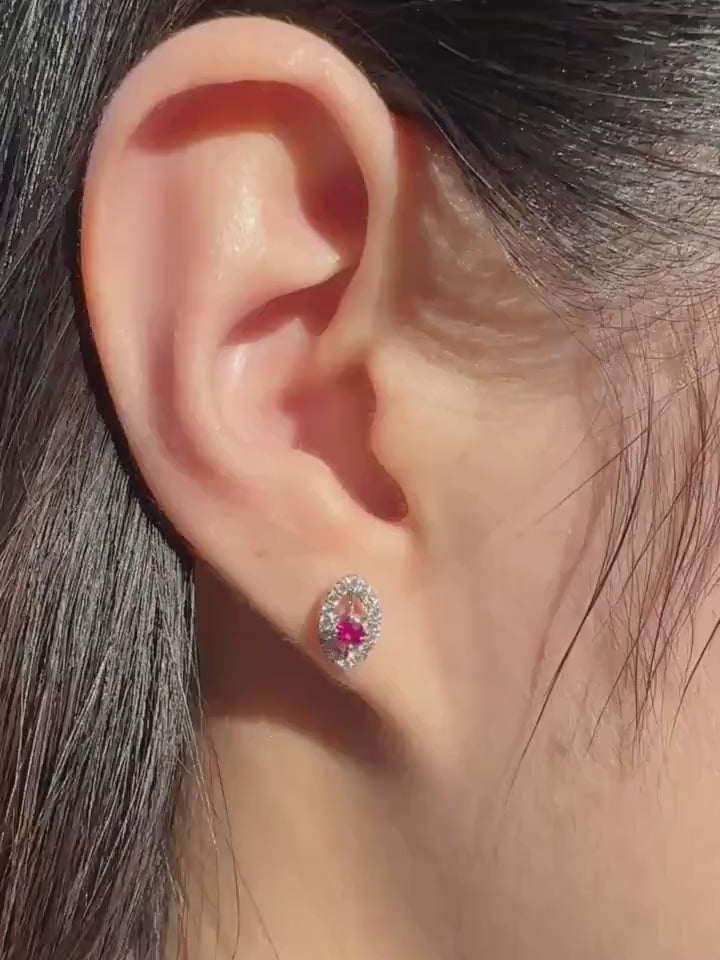 14k White Gold Ruby Diamond Marquise Halo Stud Earrings, July Birthstone