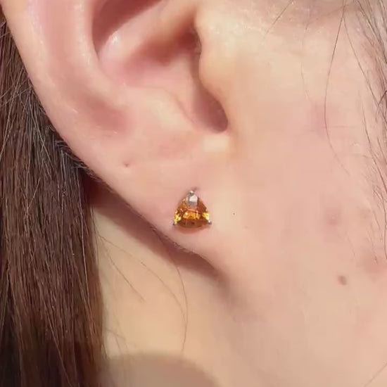 Genuine Citrine Trillion Cut Stud Earrings, 14k White Gold, November Birthstone